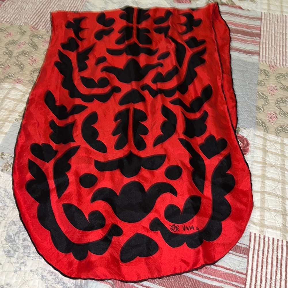 Vintage Vera Neumann ladybug hand rolled oblong silk scarf 44” x 15”